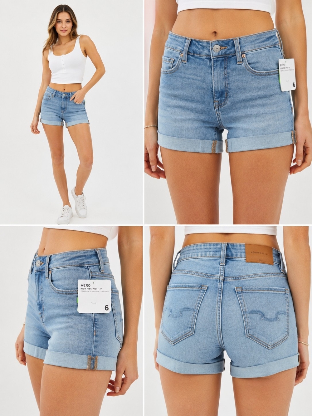 Aeropostale Aero High Rise Midi Denim Shorts Stretchy Cuffed Size 6 NWT